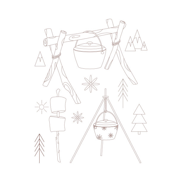 棉花糖,大锅。野营和徒步旅行的绘画元素。野外生存、旅游、远足、户外休闲、旅游。图片下载