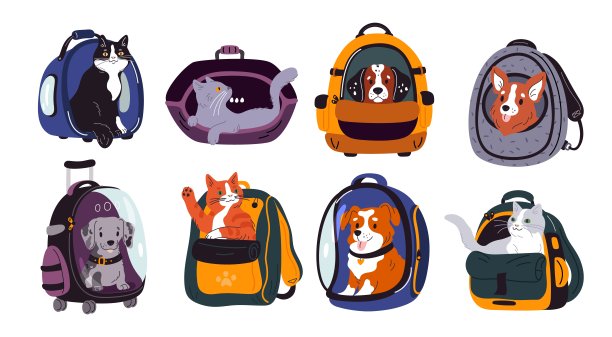 卡通宠物笼。狗和猫的运输。为小狗或小猫方便的袋子。运输背包和集装箱。动物旅行。舒适和安全。格里什向量集图片下载