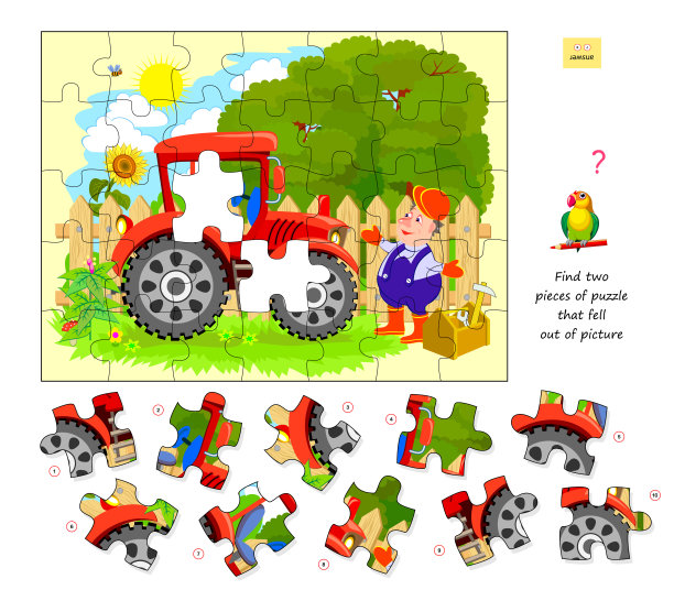 适合儿童和成人的逻辑游戏。找到两个从图片上掉下来的拼图。可打印页的儿童脑筋急转弯书。发展空间思维。玩在线。矢量插图。图片下载