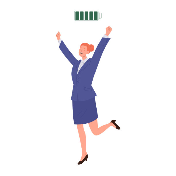 快乐、精力充沛的商务女性或办公室职员，因为电池电量充足而感到兴奋图片下载