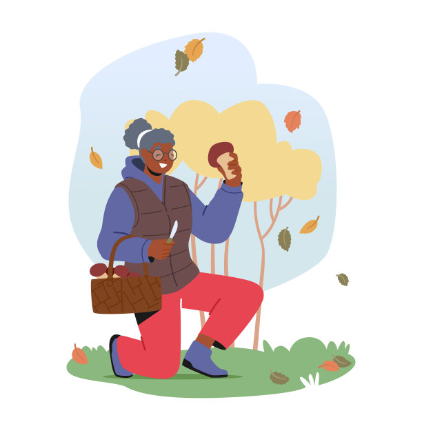 老妇人在森林里采蘑菇。黑人女性角色拥抱自然赏金矢量插图图片下载