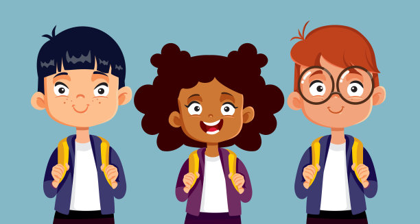 快乐的学校儿童与背包矢量卡通插图图片下载