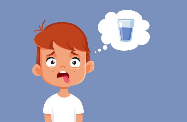 口渴的男孩思考一杯水矢量卡通插图图片下载