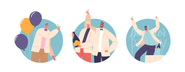 孤立的圆形图标或头像的准新郎，和他的朋友们一起庆祝单身派对的乐趣图片下载