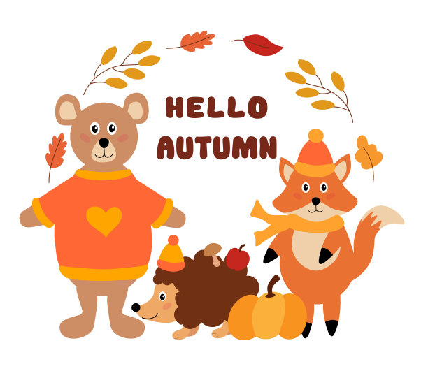 矢量插图可爱的熊，狐狸，刺猬与树叶框架，报价你好，秋天。白色背景上孤立的物体。图片下载