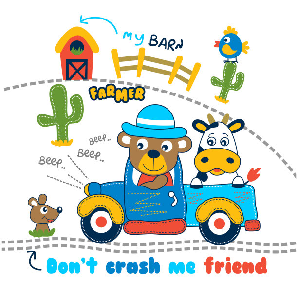 熊和牛在农场有趣的卡通，矢量插图图片下载