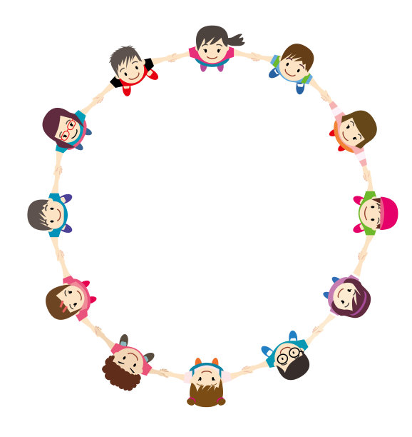 鸟瞰图，儿童和小学生手牵着手围成一个圆圈，从上面看，白色背景。图片下载