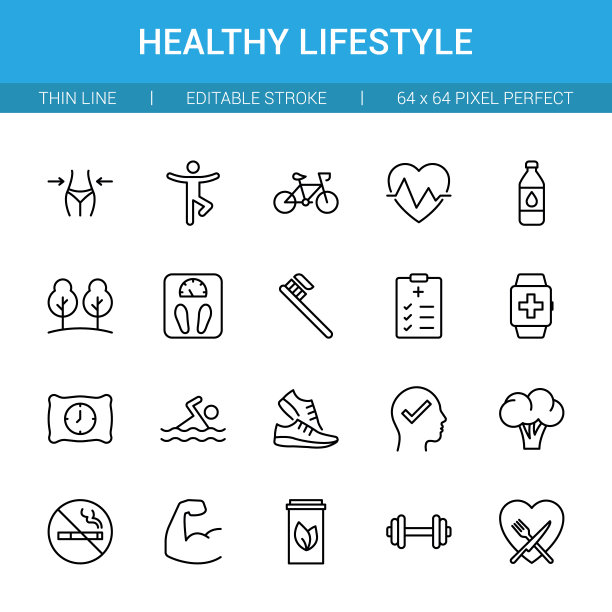 健康的生活方式可编辑斯托克图标集。图片下载