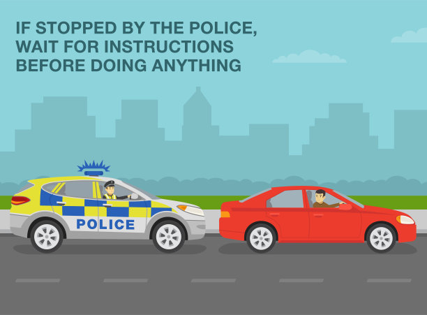 一名欧洲交通警察在城市道路上拦下了一辆红色轿车。如果被警察拦下，等待指示。年轻的男司机回头看。图片下载