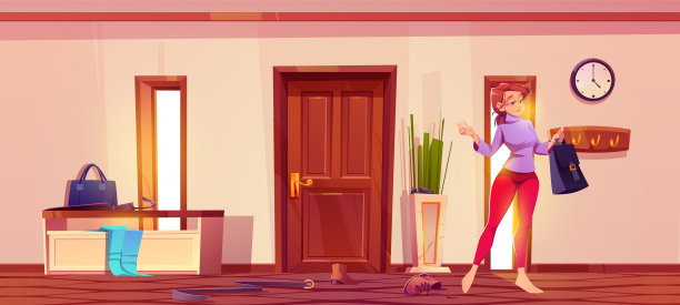 一个女人在杂乱的房子走廊里靠近门图片下载