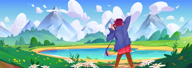 摄影师在湖山景观附近的田野图片下载