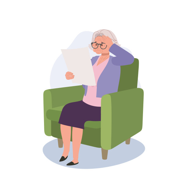 健康和压力概念。在沙发上看报纸时头痛的成熟女人。平面矢量卡通插图图片下载