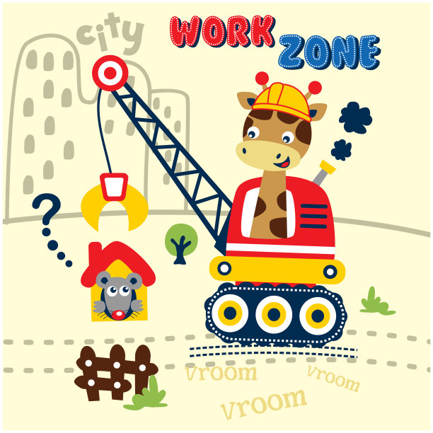 长颈鹿和起重机有趣的卡通，矢量插图图片下载