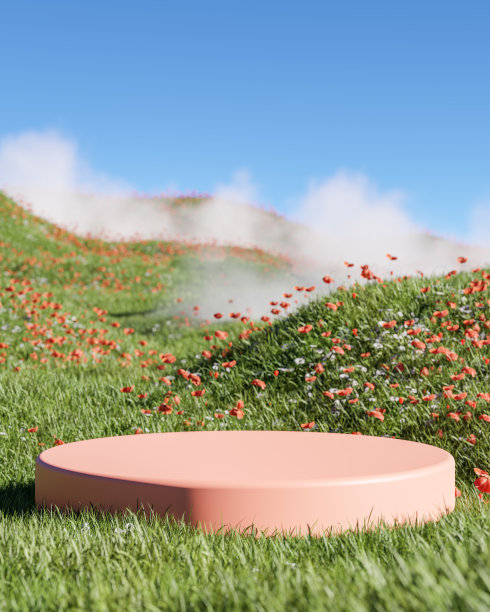 3D显示平台背景。天然的绿草。自然蓝天极简底座，美妆产品呈现。春夏景观3d渲染模型。图片下载