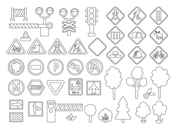 矢量黑色和白色的道路标志设置。铁路和交通街道线图标收集与障碍，信号，建筑工程锥形。可爱的高速公路规则，交通灯剪贴画，着色页图片下载