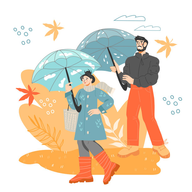 夫妻在雨中撑伞，平面卡通矢量插图孤立。图片下载