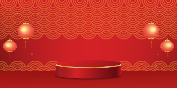 快乐的中国新年横幅模板，墙背景上红色剪纸水波图案的3D讲台圆柱，矢量工作室背景场景，圣诞节，中秋节展示圆形舞台图片下载