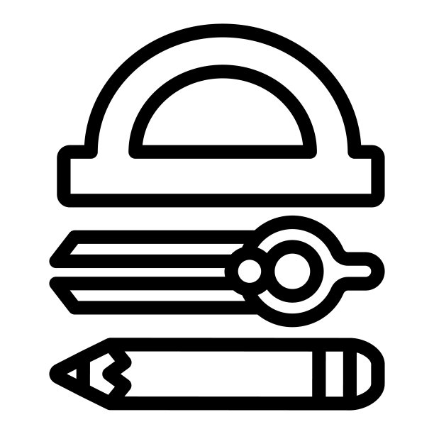 带绘图罗盘和铅笔的量角器线性图标图片下载