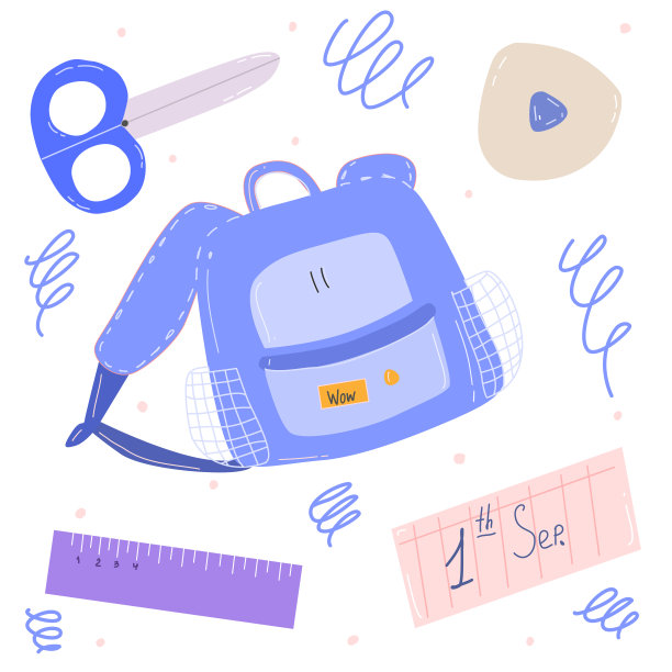 学校书包和学习用品，书包和文具平插图图片下载