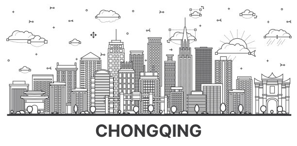 勾勒重庆中国城市天际线，现代和历史建筑孤立在白色。图片下载