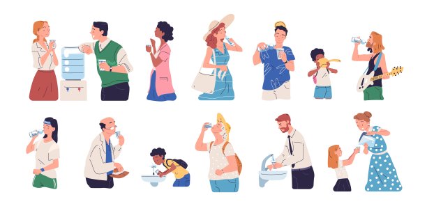 口渴的人在喝水。卡通男人女人喝很多清爽的水，口渴或脱水的概念，老年轻人消费健康饮料在热的经典矢量插图图片下载