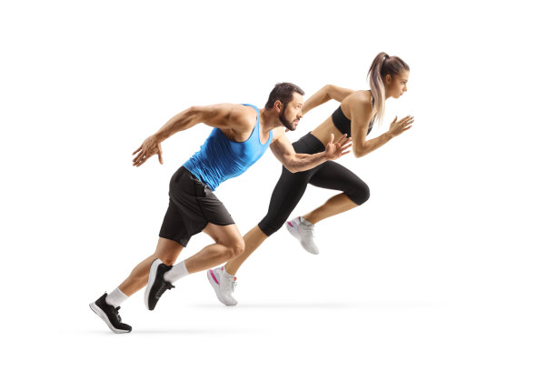 一名男性和一名女性跑步者的全身特写照片图片下载