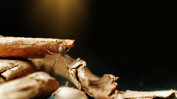 一个小的狩猎蜘蛛的微距照片背光在木片。蜘蛛恐惧症的概念，万圣节。有选择性的重点。图片下载