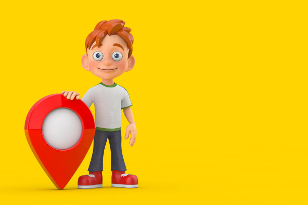 卡通小男孩青少年人物吉祥物与红色地图指针目标针。3d渲染图片下载