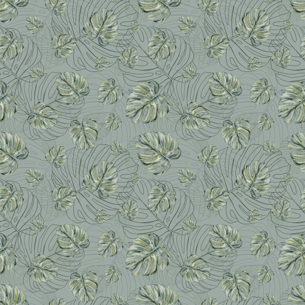 热带树叶无缝图案。Monstera叶子无缝图案。Monstera叶孤立的背景，水彩手绘花卉插图，无缝图案，丛林设计图片下载