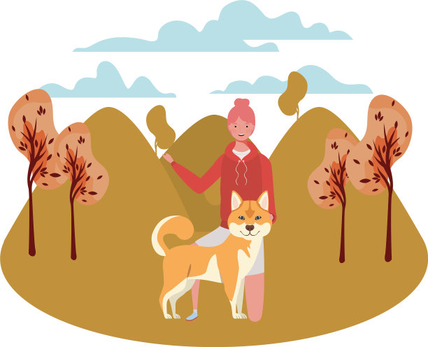 年轻女人和可爱的狗在田野里图片下载