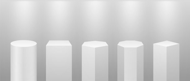 博物馆的阶段。3d柱子，白色的展示平台。方形和圆柱柱，现实的空平台的产品与灯光，精确的向量集图片下载