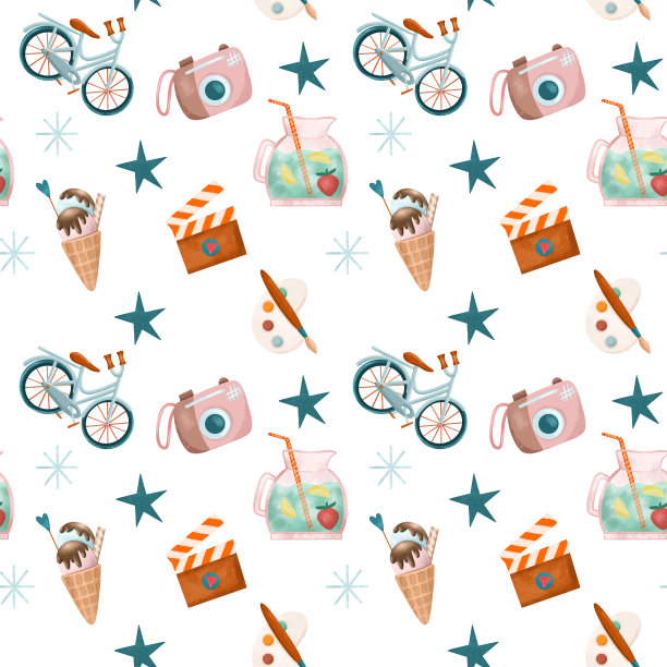 爱好，休息和生活方式的无缝模式(冰淇淋，相机，调色板，自行车)，白色背景插图图片下载