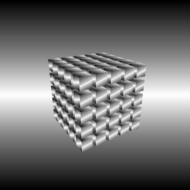5x5x5 = 125个立体立方体，不同的面，有间隙和透视。金属反射。图片下载