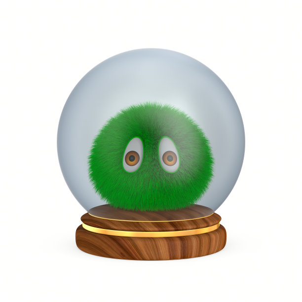 木制平台上的玻璃圆顶和毛茸茸的怪物。孤立的3D插图在白色背景图片下载