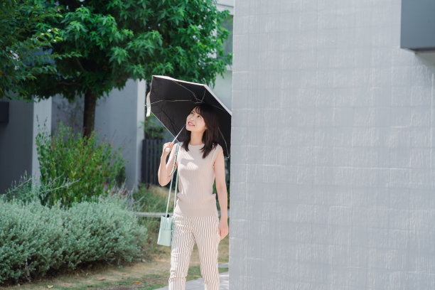 一个打着遮阳伞走在外面的年轻女子图片下载