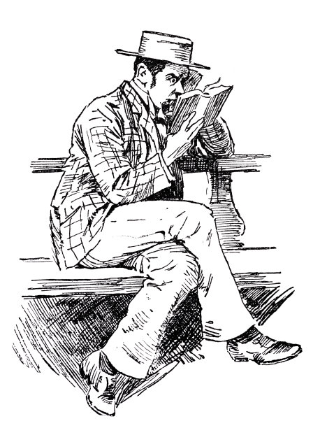 一个男人坐在长凳上，把一本书放在离脸很近的地方读，白色的背景图片下载