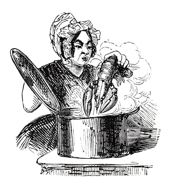 一个带着兜帽的厨师把一只螃蟹扔进锅里，白色的背景图片下载