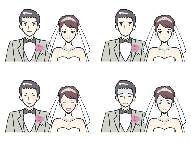 年轻的新娘和新郎的上半身图标4面部表情模式(微笑1，微笑2，失望，苍白)图片下载