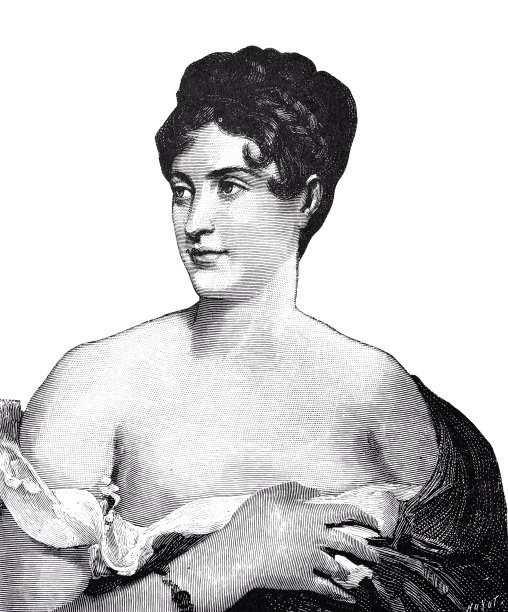 低胸的年轻美女，看着旁边，别着头发，微笑着，剪在白色的背景上图片下载