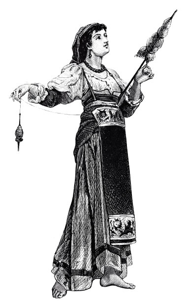 年轻女子穿着传统服装穿线，全长，白色背景图片下载