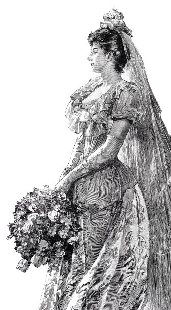 漂亮的新娘站着，手捧新娘花束，长面纱，侧面，白色背景图片下载