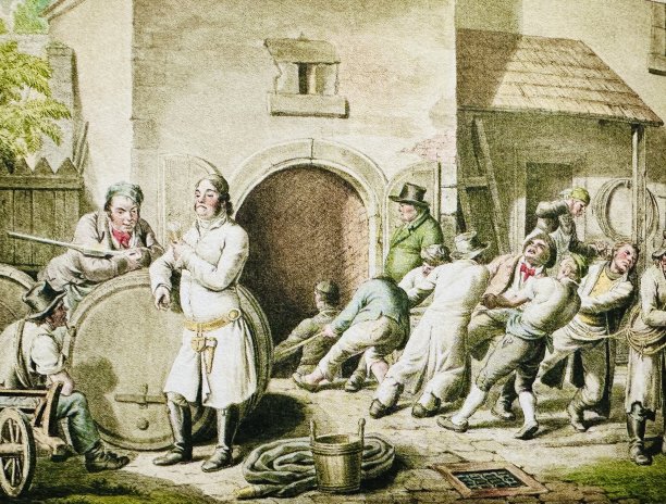 人们在画木桶，中世纪的主要运输箱图片下载