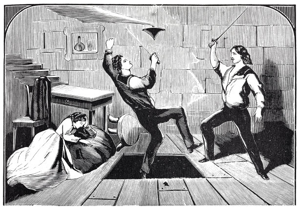 两个人在一个房间里用剑击剑，其中一个摔到了一扇开着的门上图片下载