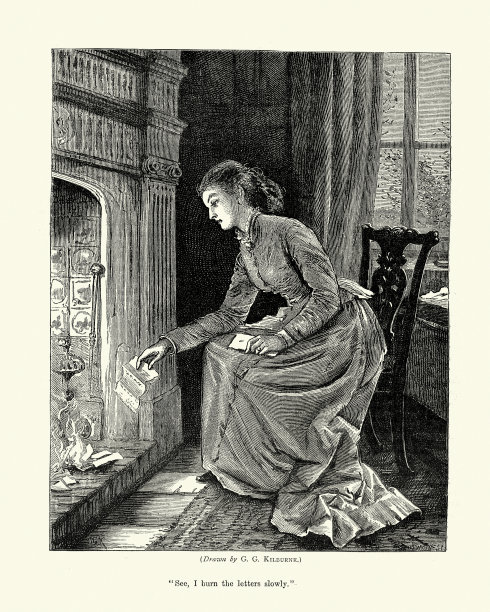 心碎的女人在火里燃烧情书，维多利亚时代的浪漫图片下载