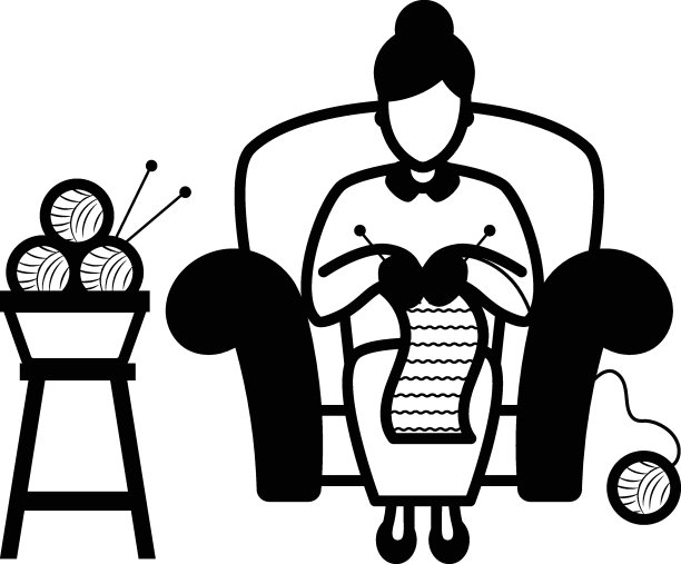 女人在编织过程中坐在沙发上矢量图标设计，工艺职业符号，爱好和艺术作品标志，创意人库存插图，手工编织概念图片下载