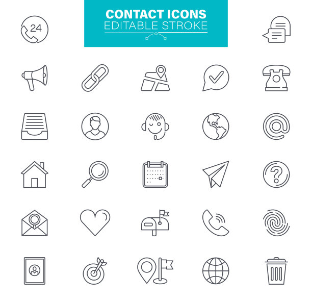 可编辑的笔触。该集合包含智能手机、消息、电子邮件、日历、位置等图标图片下载