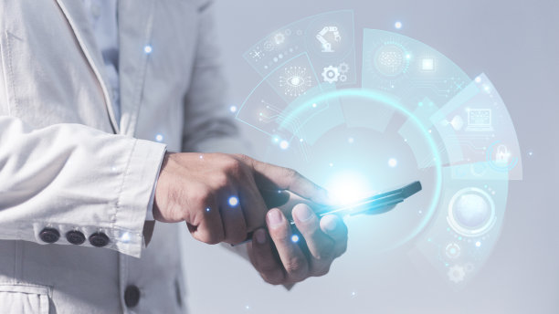 商人手持智能手机与技术界面- 3d渲染图片下载