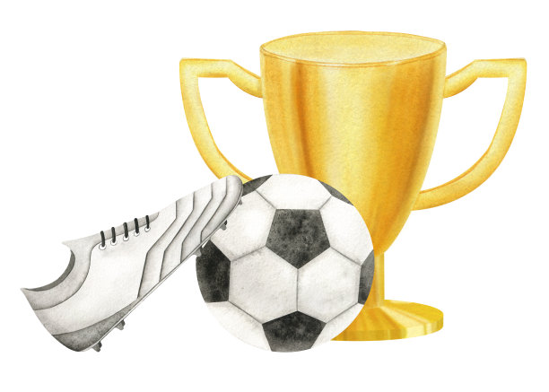配有足球和足球鞋的金杯。足球比赛。冠军金杯。冠军奖杯，第一名，胜利。体育竞赛的属性。水彩插图。孤立。图片下载