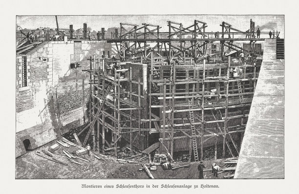 1895年，德国基尔运河霍尔特瑙运河船闸的水闸图片下载