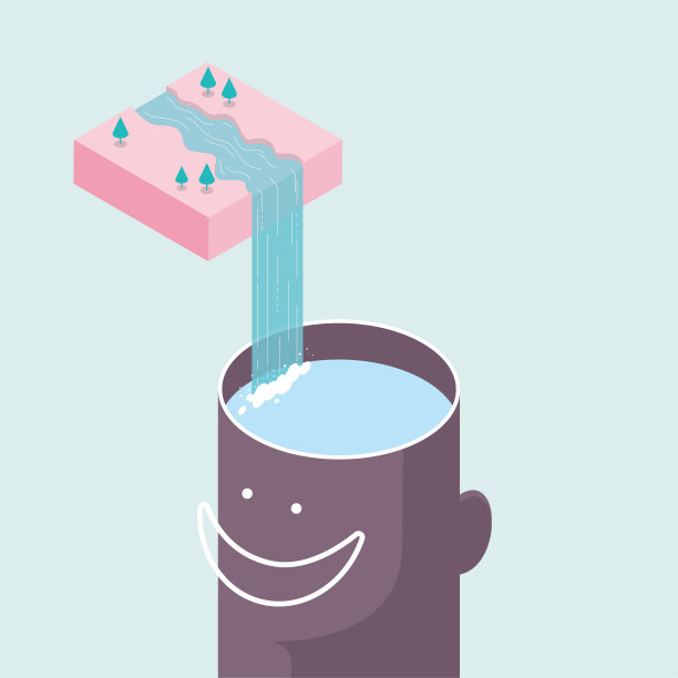 水从半空中流下，形成瀑布，进入人的大脑。图片下载